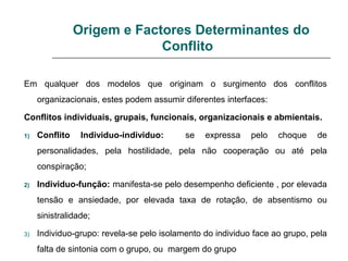 Em qualquer dos modelos que originam o surgimento dos conflitos
organizacionais, estes podem assumir diferentes interfaces:
Conflitos individuais, grupais, funcionais, organizacionais e abmientais.
1) Conflito Individuo-individuo: se expressa pelo choque de
personalidades, pela hostilidade, pela não cooperação ou até pela
conspiração;
2) Individuo-função: manifesta-se pelo desempenho deficiente , por elevada
tensão e ansiedade, por elevada taxa de rotação, de absentismo ou
sinistralidade;
3) Individuo-grupo: revela-se pelo isolamento do individuo face ao grupo, pela
falta de sintonia com o grupo, ou margem do grupo
Origem e Factores Determinantes do
Conflito
 