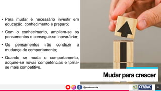 @professorcbs
@professorcbs
Mudarparacrescer
• Para mudar é necessário investir em
educação, conhecimento e preparo;
• Com o conhecimento, ampliam-se os
pensamentos e consegue-se inovar/criar;
• Os pensamentos irão conduzir a
mudança de comportamento;
• Quando se muda o comportamento,
adquire-se novas competências e torna-
se mais competitivo.
9
 