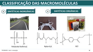 10
POLÍMEROS - Aula 1: Introdução
SINTÉTICAS INORGÂNICAS
III
Poli(ácido fosfórico)
SINTÉTICAS ORGÂNICAS
IV
Nylon 6,6 PET
n
 