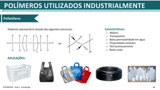 13
POLÍMEROS - Aula 1: Introdução
Polietileno
C C C C C C
H H
H H H H
H H H H
H H
n
Podemos representá-lo através das seguintes estruturas:
ou
Características:
o Atóxico
o Transparente
o Baixa permeabilidade em água
o Propriedades isolantes
o Fácil processamento
o Baixo custo
APLICAÇÕES:
 