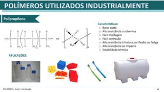 14
POLÍMEROS - Aula 1: Introdução
Polipropileno
C C C C C C
H
H H H H
H H
H H
n
CH3 CH3 CH3
ou
Características:
o Baixo custo
o Alta resistência a solventes
o Fácil moldagem
o Fácil coloração
o Alta resistência à fratura por flexão ou fadiga
o Alta resistência ao impacto
o Estabilidade térmica
APLICAÇÕES:
 