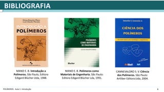3
POLÍMEROS - Aula 1: Introdução
MANO E. B. Introdução a
Polímeros. São Paulo, Editora
Edigard Blücher Ltda, 1988.
MANO E. B. Polímeros como
Materiais de Engenharia. São Paulo:
Editora Edigard Blücher Lda, 1991.
CANNEVALORO S. V. Ciência
dos Polímeros. São Paulo:
Artliber Editora Ltda, 2004.
 