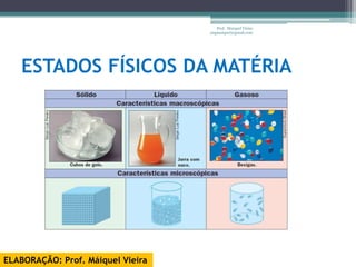 Prof. Maiquel Vieira
                                   engmaiquel@gmail.com




   ESTADOS FÍSICOS DA MATÉRIA




ELABORAÇÃO: Prof. Máiquel Vieira
 