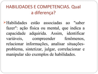 HABILIDADES E COMPETENCIAS. Qual
a diferença?
Habilidades estão associadas ao "saber
fazer": ação física ou mental, que indica a
capacidade adquirida. Assim, identificar
variáveis, compreender fenômenos,
relacionar informações, analisar situações-
problema, sintetizar, julgar, correlacionar e
manipular são exemplos de habilidades.
 