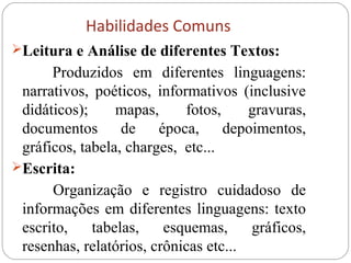 Habilidades Comuns
Leitura e Análise de diferentes Textos:
Produzidos em diferentes linguagens:
narrativos, poéticos, informativos (inclusive
didáticos); mapas, fotos, gravuras,
documentos de época, depoimentos,
gráficos, tabela, charges, etc...
Escrita:
Organização e registro cuidadoso de
informações em diferentes linguagens: texto
escrito, tabelas, esquemas, gráficos,
resenhas, relatórios, crônicas etc...
 