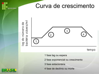 Curva de crescimento
1 fase lag ou espera
2 fase exponencial ou crescimento
3 fase estacionária
4 fase de declínio ou morte
 