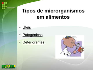Tipos de microrganismos
em alimentos
• Úteis
• Patogênicos
• Deteriorantes
 