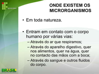 ONDE EXISTEM OS
MICRORGANISMOS
• Em toda natureza.
• Entram em contato com o corpo
humano por várias vias:
– Através do ar que respiramos;
– Através do aparelho digestivo, quer
nos alimentos, quer na água, quer
no contacto das mãos com a boca;
– Através do sangue e outros fluidos
do corpo.
 
