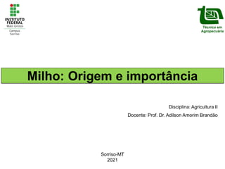 Milho: Origem e importância
Sorriso-MT
2021
Disciplina: Agricultura II
Docente: Prof. Dr. Adilson Amorim Brandão
 