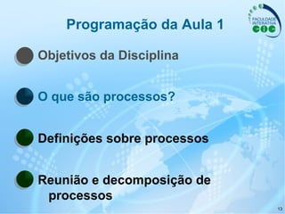 Programação da Aula 1 Objetivos da Disciplina O que são processos? Definições sobre processos Reunião e decomposição de processos 
