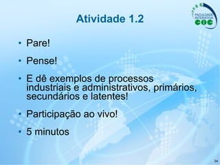 Atividade 1.2 Pare! Pense! E dê exemplos de processos industriais e administrativos, primários, secundários e latentes! Participação ao vivo! 5 minutos 