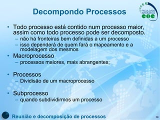 Decompondo Processos Todo processo está contido num processo maior, assim como todo processo pode ser decomposto.   não há fronteiras bem definidas a um processo isso dependerá de quem fará o mapeamento e a modelagem dos mesmos Macroprocesso processos maiores, mais abrangentes; Processos Dividisão de um macroprocesso Subprocesso quando subdividirmos um processo Reunião e decomposição de processos 