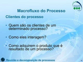 Macrofluxo do Processo Clientes do processo Quem são os clientes de um determinado processo? Como eles interagem? Como adquirem o produto que é resultado de um processo? Reunião e decomposição de processos 