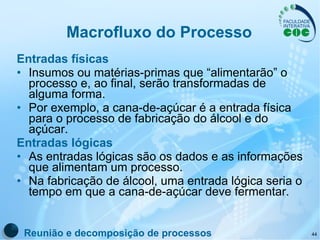 Macrofluxo do Processo Entradas físicas Insumos ou matérias-primas que “alimentarão” o processo e, ao final, serão transformadas de alguma forma.  Por exemplo, a cana-de-açúcar é a entrada física para o processo de fabricação do álcool e do açúcar. Entradas lógicas As entradas lógicas são os dados e as informações que alimentam um processo.  Na fabricação de álcool, uma entrada lógica seria o tempo em que a cana-de-açúcar deve fermentar.  Reunião e decomposição de processos 