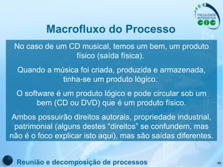 Macrofluxo do Processo Reunião e decomposição de processos No caso de um CD musical, temos um bem, um produto físico (saída física).  Quando a música foi criada, produzida e armazenada, tinha-se um produto lógico.  O software é um produto lógico e pode circular sob um bem (CD ou DVD) que é um produto físico. Ambos possuirão direitos autorais, propriedade industrial, patrimonial (alguns destes “direitos” se confundem, mas não é o foco explicar isto aqui), mas são saídas diferentes. 