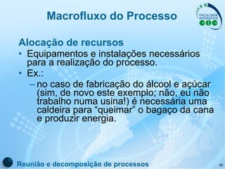 Macrofluxo do Processo Alocação de recursos Equipamentos e instalações necessários para a realização do processo.  Ex.: no caso de fabricação do álcool e açúcar (sim, de novo este exemplo; não, eu não trabalho numa usina!) é necessária uma caldeira para “queimar” o bagaço da cana e produzir energia. Reunião e decomposição de processos 