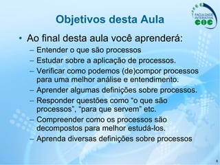 Objetivos desta Aula Ao final desta aula você aprenderá: Entender o que são processos Estudar sobre a aplicação de processos. Verificar como podemos (de)compor processos para uma melhor análise e entendimento. Aprender algumas definições sobre processos. Responder questões como “o que são processos”, “para que servem” etc. Compreender como os processos são decompostos para melhor estudá-los. Aprenda diversas definições sobre processos 