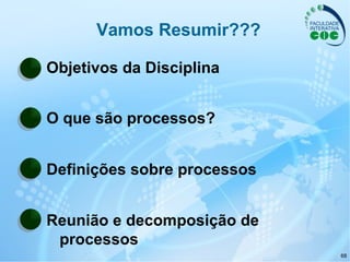 Vamos Resumir??? Objetivos da Disciplina O que são processos? Definições sobre processos Reunião e decomposição de processos 