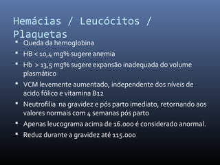 Hemácias / Leucócitos /
Plaquetas
 Queda da hemoglobina
 HB < 10,4 mg% sugere anemia
 Hb > 13,5 mg% sugere expansão inadequada do volume
plasmático
 VCM levemente aumentado, independente dos níveis de
acido fólico e vitamina B12
 Neutrofilia na gravidez e pós parto imediato, retornando aos
valores normais com 4 semanas pós parto
 Apenas leucograma acima de 16.000 é considerado anormal.
 Reduz durante a gravidez até 115.000
 