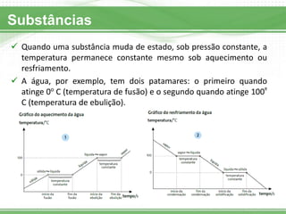 Substâncias 
Quando uma substância muda de estado, sob pressão constante, a temperatura permanece constante mesmo sob aquecimento ou resfriamento. 
A água, por exemplo, tem dois patamares: o primeiro quando atinge 0o C (temperatura de fusão) e o segundo quando atinge 100º C (temperatura de ebulição).  