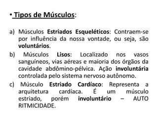 • Tipos de Músculos:

a) Músculos Estriados Esqueléticos: Contraem-se
   por influência da nossa vontade, ou seja, são
   voluntários.
b) Músculos Lisos: Localizado nos vasos
   sanguíneos, vias aéreas e maioria dos órgãos da
   cavidade abdômino-pélvica. Ação involuntária
   controlada pelo sistema nervoso autônomo.
c) Músculo Estriado Cardíaco: Representa a
   arquitetura    cardíaca.   É    um     músculo
   estriado, porém involuntário – AUTO
   RITMICIDADE.
 