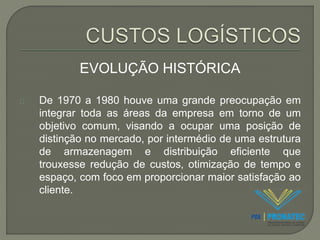 EVOLUÇÃO HISTÓRICA 
De 1970 a 1980 houve uma grande preocupação em 
integrar toda as áreas da empresa em torno de um 
objetivo comum, visando a ocupar uma posição de 
distinção no mercado, por intermédio de uma estrutura 
de armazenagem e distribuição eficiente que 
trouxesse redução de custos, otimização de tempo e 
espaço, com foco em proporcionar maior satisfação ao 
cliente. 
 