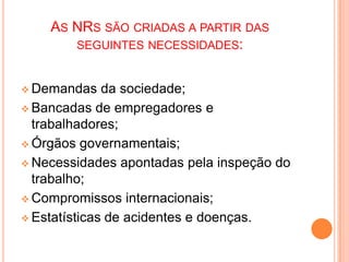 AS NRS SÃO CRIADAS A PARTIR DAS
SEGUINTES NECESSIDADES:
 Demandas da sociedade;
 Bancadas de empregadores e
trabalhadores;
 Órgãos governamentais;
 Necessidades apontadas pela inspeção do
trabalho;
 Compromissos internacionais;
 Estatísticas de acidentes e doenças.
 