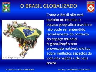 O BRASIL GLOBALIZADO
                                   Como o Brasil não está
                                   sozinho no mundo, o
                                   espaço geográfico brasileiro
                                   não pode ser entendido
                                   isoladamente do contexto
                                   do espaço mundial.
                                   A globalização tem
                                   provocado notáveis efeitos
                                   sobre múltiplos aspectos da
Fonte: Google Imagens
                                   vida das nações e de seus
                                   povos.
   2º ANO/Ensino Médio/GEOGRAFIA          Prof: Maj Art ANDERSON ALVES PINTO
 