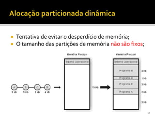    Tentativa de evitar o desperdício de memória;
   O tamanho das partições de memória não são fixos;




                                                        10
 