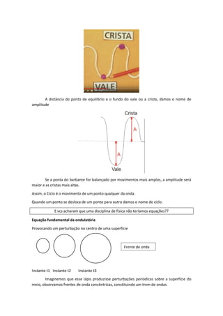 A distância do ponto de equilíbrio e o fundo do vale ou a crista, damos o nome de
amplitude
Se a ponta do barbante for balançado por movimentos mais amplos, a amplitude será
maior e as cristas mais altas.
Assim, o Ciclo é o movimento de um ponto qualquer da onda.
Quando um ponto se desloca de um ponto para outro damos o nome de ciclo.
E vcs acharam que uma disciplina de física não teríamos equações??
Equação fundamental da ondulatória
Provocando um perturbação no centro de uma superfície
Instante t1 Instante t2 Instante t3
Imaginemos que esse lápis produzisse perturbações periódicas sobre a superfície do
meio, observamos frentes de onda concêntricas, constituindo um trem de ondas.
Frente de onda
 
