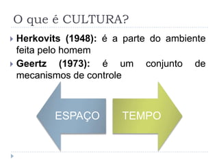 O que é CULTURA?
 Herkovits (1948): é a parte do ambiente
  feita pelo homem
 Geertz     (1973): é um conjunto de
  mecanismos de controle



         ESPAÇO        TEMPO
 