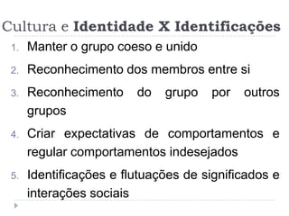 Cultura e Identidade X Identificações
 1.   Manter o grupo coeso e unido
 2.   Reconhecimento dos membros entre si
 3.   Reconhecimento     do   grupo   por   outros
      grupos
 4.   Criar expectativas de comportamentos e
      regular comportamentos indesejados
 5.   Identificações e flutuações de significados e
      interações sociais
 