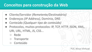 Conceitos para construção da Web
● Cliente/Servidor (Remetente/Destinatário)
● Endereços (IP Address), Domínio, DNS
● Conteúdo (Qualquer tipo de conteúdo)
● Protocolos, muitos protocolos: IP, TCP, HTTP, JSON, XML,
URI, URL, HTML, JS, CSS...
○ Rede
○ Transporte
○ Conteúdo
 