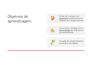 Objetivos de
aprendizagem:
Entrar em contato com
conceitos fundamentais da
Análise do Comportamento;
Um primeiro contato com a
terminologia da Análise do
Comportamento;
A noção de comportamento
como foco de análise;
 