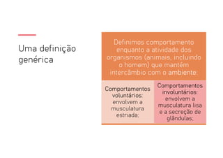Uma definição
genérica
Definimos comportamento
enquanto a atividade dos
organismos (animais, incluindo
o homem) que mantém
intercâmbio com o ambiente:
Comportamentos
voluntários:
envolvem a
musculatura
estriada;
Comportamentos
involuntários:
envolvem a
musculatura lisa
e a secreção de
glândulas;
 