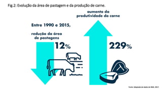Fig.2: Evolução da área de pastagem e da produção de carne.
Fonte: Adaptado de dados do IBGE, 2017.
 