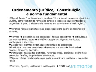 Ordenamento jurídico, Constituição
e norma fundamental
Miguel Reale  ordenamento jurídico: “é o sistema de normas jurídicas
in acto, compreendendo fontes do direito e todos os seus conteúdos e
projeções: é pois, o sistema de normas em sua concreta realização...”
Abrange regras explícitas e as elaboradas para suprir as lacunas do
sistema.
Normas  prevalência na sociedade: forças coercitivas  articulação
das normas estrutura  divisão: categorias, figuras, institutos,
instituições e sistemas:
Categorias: normas ordenadas em função de disciplina;
Institutos: normas complexas  mesma natureza finalidade
penhor, hipoteca, falência...
Instituição: realidades distintas, natureza ética, biológica, econômica,
exemplo: família, propriedade, sindicatos
Figura: várias modalidades que pode assumir um instituto – exemplo:
Posse
Normas, figuras, institutos e instituições  SISTEMAS
 