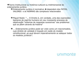 Teoria Institucional ou histórico-cultural ou tridimensional do
ordenamento jurídico.
 Ordenamento jurídico é normativo  dependem dos FATOS,
VALORES e as NORMAS são complexos relacionados
 Miguel Reale: “... O Direito é, em verdade, uma das expressões
basilares do espírito humano em seu incessante processo de
objetivação “sistemas de respostas sucessivas” aos problemas
que se põem através da história”
 ... Ordenamento jurídico pode ser visto como um macromodelo,
cujo âmbito de validade é traçado em razão do modelo
constitucional, ao qual devem imperativamente se adequar todos
os modelos jurídicos”.
 