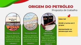 Teorias Bióticas
Teorias Bióticas
Melhores
argumentos?
Melhores
argumentos?
Baseado nos
argumentos expostos
pelos grupos, emitir
parecer e decidir qual
foi o mais convincente?
ORIGEM DO PETRÓLEO
Proposta de trabalho
Teorias Abióticas
Teorias Abióticas
Pesquisar diferentes
teorias, analisar, discutir
e convencer o juri que
esta teoria é a correta.
Valor: 3,0
Dividir a turma em 3
grupos
Apresentação na
semana que vem.
GRUPO 1
GRUPO 1 GRUPO 2
GRUPO 2 GRUPO 3
GRUPO 3
Pesquisar diferentes
teorias, analisar, discutir
e convencer o juri que
esta teoria é a correta.
 