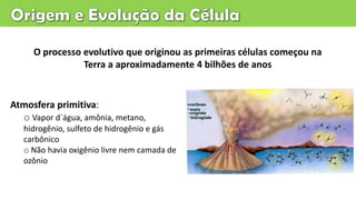O processo evolutivo que originou as primeiras células começou na
Terra a aproximadamente 4 bilhões de anos
Atmosfera primitiva:
o Vapor d´água, amônia, metano,
hidrogênio, sulfeto de hidrogênio e gás
carbônico
o Não havia oxigênio livre nem camada de
ozônio
 