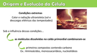 Calor e radiação ultravioleta (sol e
descargas elétricas das tempestades)
Condições extremas
as moléculas dissolvidas no caldo primordial combinaram-se
Sob a influência dessas condições...
primeiros compostos contendo carbono
Ex.: Aminoácidos, monossacarídeos, nucleotídeos
 