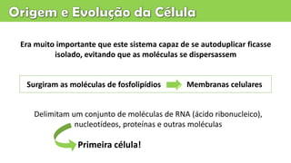 Era muito importante que este sistema capaz de se autoduplicar ficasse
isolado, evitando que as moléculas se dispersassem
Surgiram as moléculas de fosfolipídios Membranas celulares
Delimitam um conjunto de moléculas de RNA (ácido ribonucleico),
nucleotídeos, proteínas e outras moléculas
Primeira célula!
 
