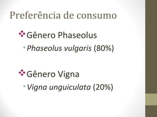 Preferência de consumo 
Gênero Phaseolus 
•Phaseolus vulgaris (80%) 
Gênero Vigna 
•Vigna unguiculata (20%) 
 
