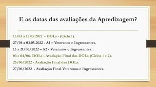 15/03 a 15.05.2022 - DOLs - (Ciclo 1).
27/04 a 03.05.2022 - A1 – Veteranos e Ingressantes.
15 a 21/06/2022 – A2 - Veteranos e Ingressantes.
03 e 04/06- DOLs - Avaliação Final das DOLs (Ciclos 1 e 2).
25/06/2022 - Avaliação Final das DOLs.
27/06/2022 - Avaliação Final Veteranos e Ingressantes.
E as datas das avaliações da Apredizagem?
 