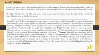 Este tipo de questão parte da situação estímulo que é o problema a partir do qual o estudante organiza ideias, dados ou
informações para resolvê-la. Portanto, o aluno utiliza as informações contidas na situação estímulo para resolver o item;
Exemplos de situação estimulo: texto, caso, tabela, quadro, diagrama, figura, mapa, ilustração. Todas extraídas de
fonte fidedigna, com as devidas referências;
Segundo Dyce (2010), osteologia (do grego osteon = osso e logos = coleção, estudo) é a parte da anatomia
que estuda os ossos, órgãos rígidos de coloração branco-amarelada, constituído por um tecido conjuntivo
especial, composto de matriz óssea (fosfato de Cálcio e colágeno) e células (osteoblastos, osteócitos e
osteoclastos). A classificação do esqueleto é dividida em: Axial: formado pelos os ossos que estão
dispostos no/ou em torno do plano mediano. São eles: crânio, vértebras, costelas e esterno; Apendicular:
formado pelos os ossos dos membros torácicos e pélvicos e Visceral: formado por ossos que não se
articulam com outros ossos, estão no interior do pênis, o osso peniano dos carnívoros, e no interior do
coração, osso cardíaco do bovino. Em relação ao crânio e as vértebras cervicais que fazem parte do
esqueleto axial observe as imagens baixo e marque a alternativa correta em que descreve corretamente o
nome do osso indicado pelo círculo vermelho na figura 1 e o nome da vértebra indicada pelo círculo verde
na figura 2 respectivamente:
2. Interpretação;
 