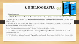 8. BIBLIOGRAFIA
• Complementar:
1. GETTY, R. Anatomia dos Animais Domésticos. 2 volumes. 5. ed. Rio de Janeiro: Guanabara Koogan, 1986.
2. ASHDOWN, R. R.; DONE, S. H. Atlas Colorido de Anatomia Veterinária: Os Ruminantes. 2. ed. São Paulo:
Elsevier, 2011.
3. BUDRAS, K.D.; McCARTHY, P. H.; FRICKE, W.; RICHTER, R.; HOROWITZ, A.; BERG, R. Anatomia do
Cão - Texto e Atlas. 5. ed. Barueri: Manole, 2012.
http://integrada.minhabiblioteca.com.br/#/books/9788520447529/cfi/0 (e-book)
4. COLVILLE, T.; BASSERT, J. M. Anatomia e Fisiologia Clínica para Medicina Veterinária. 2. ed. Rio de
Janeiro: Elsevier, 2010.
5. POPESKO, Peter. Atlas de Anatomia Topográfica dos Animais Domésticos. 5. ed. São Paulo: Manole, 2012.
1
 