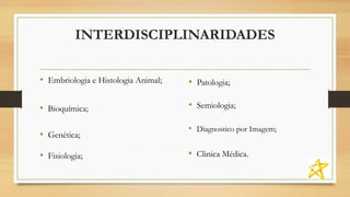 INTERDISCIPLINARIDADES
• Embriologia e Histologia Animal;
• Bioquímica;
• Genética;
• Fisiologia;
• Patologia;
• Clinica Médica.
• Diagnostico por Imagem;
• Semiologia;
 