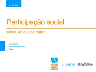 Participação social
Afinal, do que se trata?
CURSO
Curso EaD
Participação Social
Aula 1
 