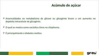 Acúmulo de açúcar
 Anormalidades no metabolismo da glicose ou glicogênio levam a um aumento no
depósito intracelular de glicogênio.
 O qual se mostra como vacúolos claros no citoplasma.
 É principalmente o diabetes melitus.
 