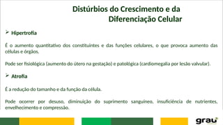 Distúrbios do Crescimento e da
Diferenciação Celular
 Hipertrofia
É o aumento quantitativo dos constituintes e das funções celulares, o que provoca aumento das
células e órgãos.
Pode ser fisiológica (aumento do útero na gestação) e patológica (cardiomegalia por lesão valvular).
 Atrofia
É a redução do tamanho e da função da célula.
Pode ocorrer por desuso, diminuição do suprimento sanguíneo, insuficiência de nutrientes,
envelhecimento e compressão.
 